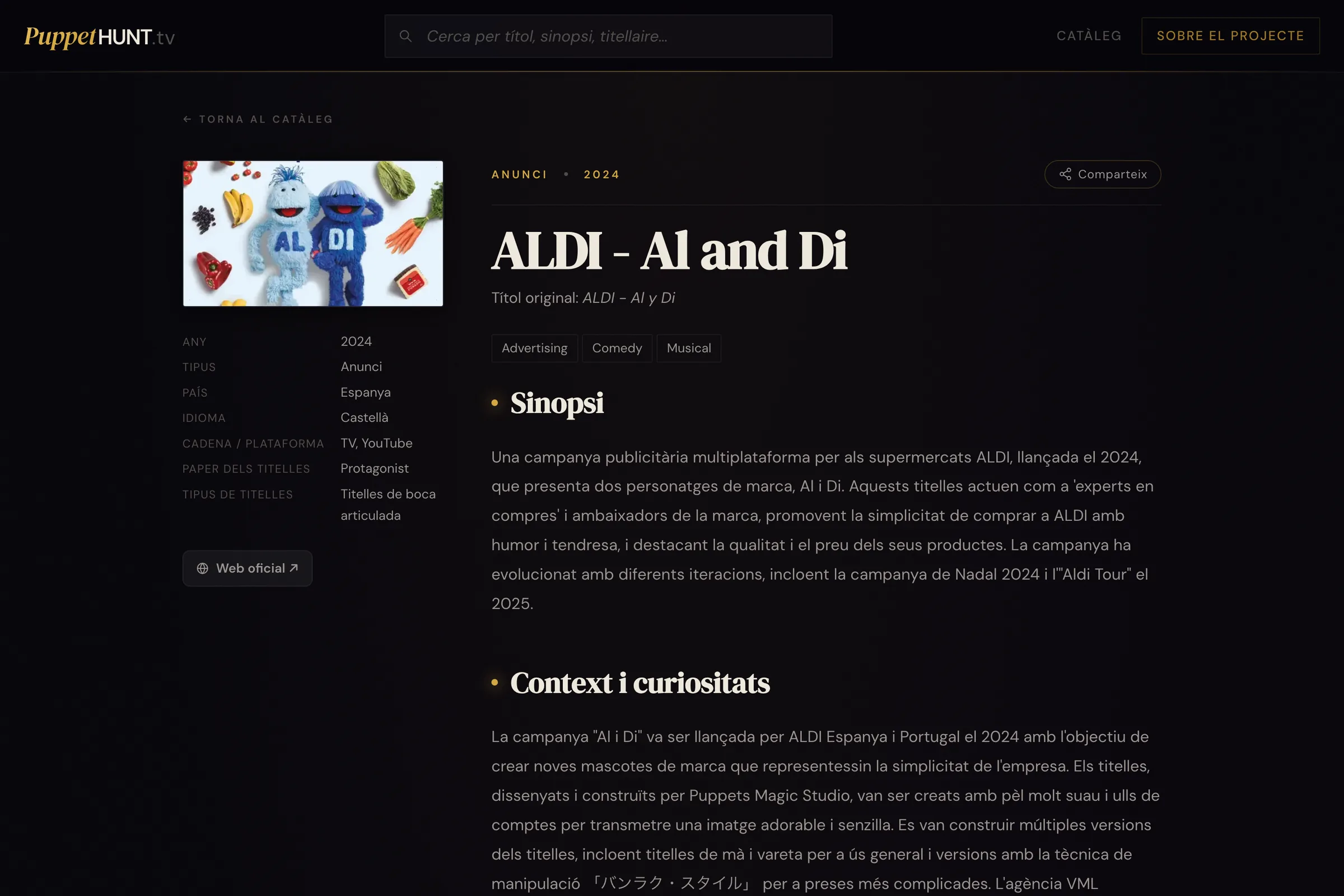 Fitxa d'ALDI - Al i Di a PuppetHunt.tv