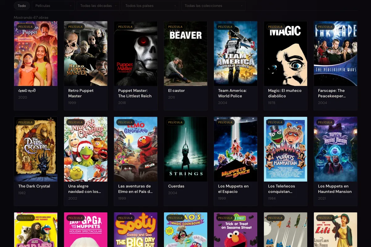 Parrilla de películas con títeres en PuppetHunt.tv