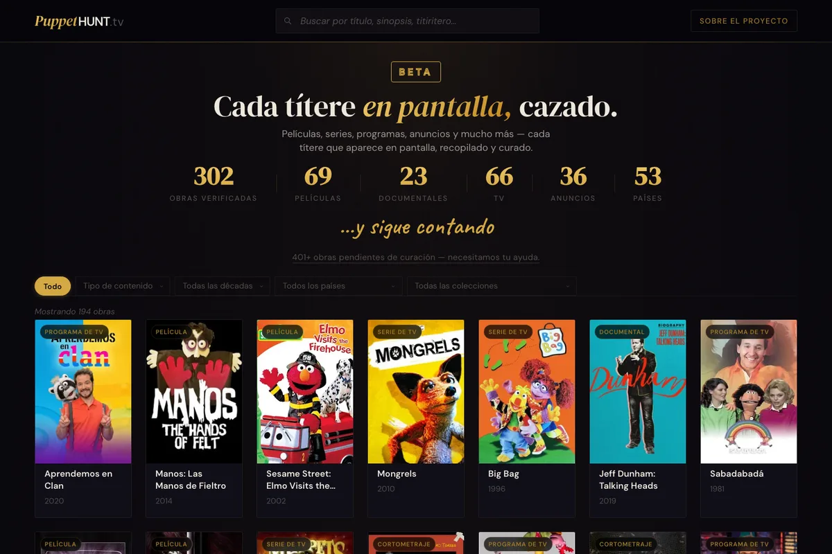 Portada de PuppetHunt.tv con el catálogo de obras