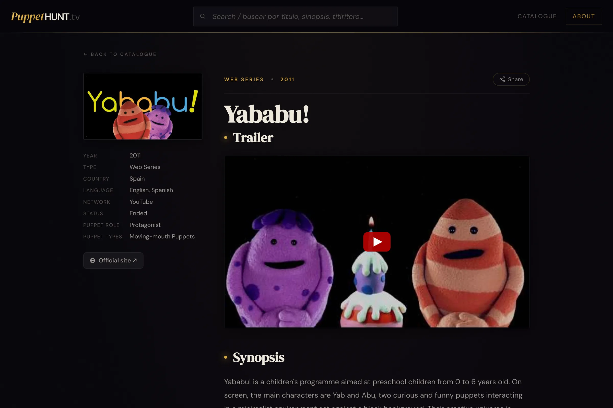 Yababu! page on PuppetHunt.tv